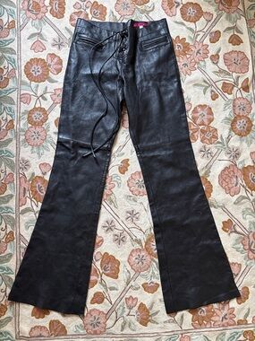 Genuine Leather Black Lace-Up Flared Pants